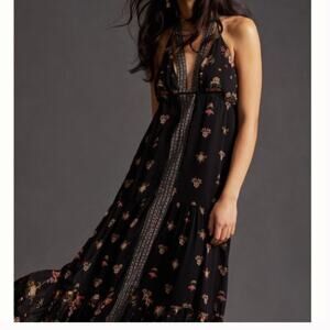Anthropologie V Neck Floral Sleeveless Black Maxi Dress Small